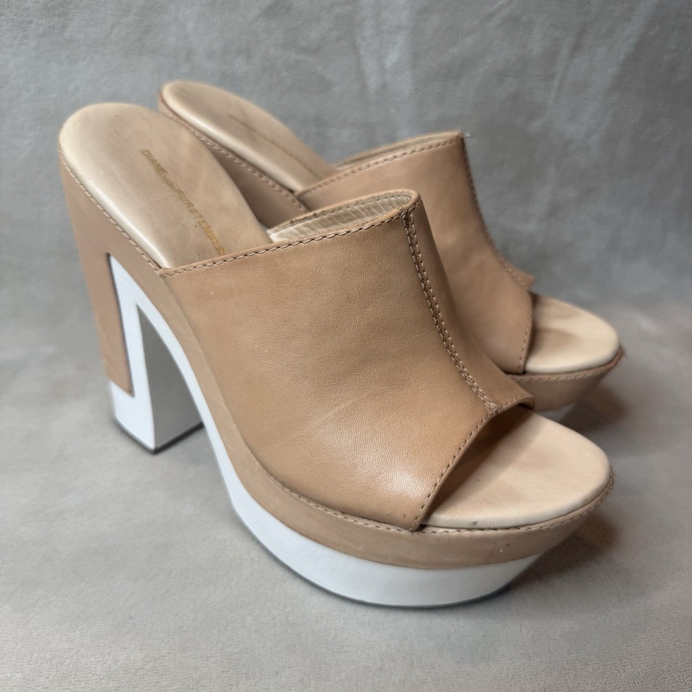 Diane Von Furstenberg Sz 6.5 Tan Leather Y2K Open Toe  Sole Mule Block Heel Shoe